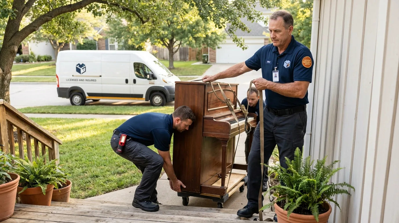 Licensed piano movers securing grand piano in Forrest City, AR