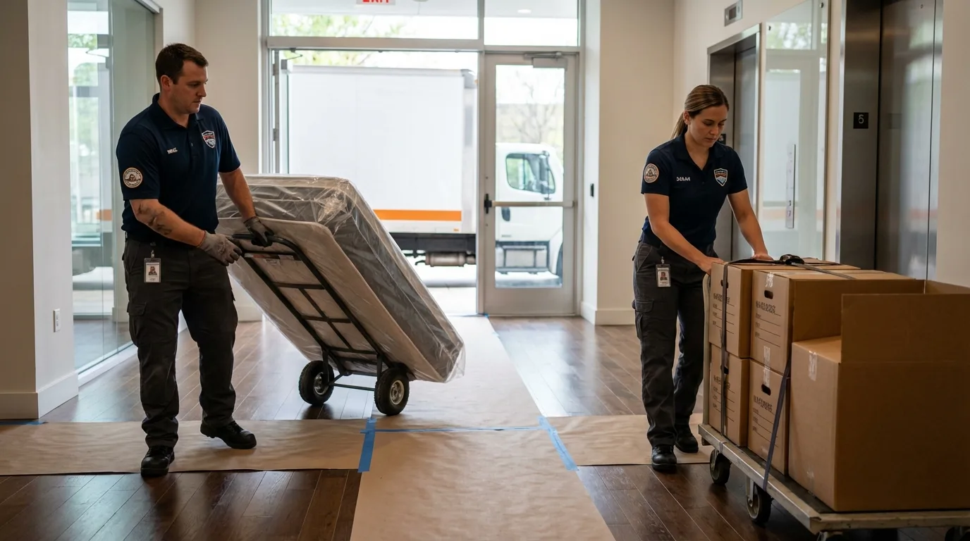 Professional apartment movers loading elevator in Forrest City, AR